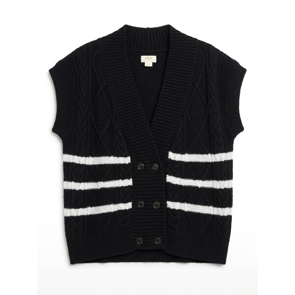 Maeve Anthropologie Sweater Vest Women XS Black White Striped Cable Knit
